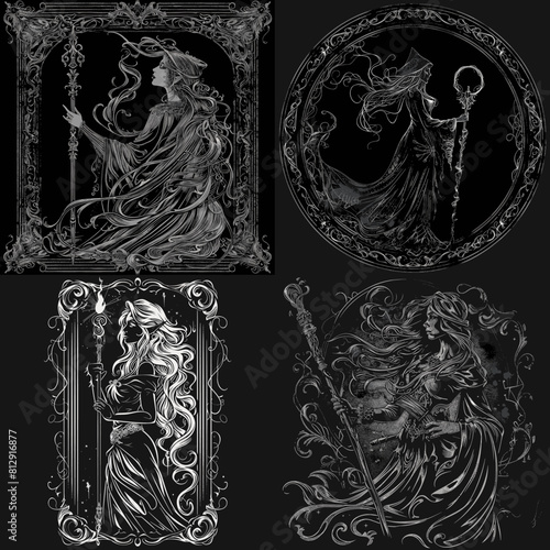Mystical gothic witch artwork featuring ethereal sorceresses with flowing hair, enchanted staffs, and dark fantasy elements in a detailed monochrome illustration style.