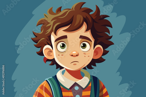A young boy with a sad look on his face, wearing a blue shirt and standing alone, Curiosity child Customizable Disproportionate Illustration