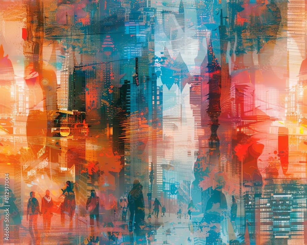Capture the raw essence of psychological depth in a rear view exploration using vibrant impressionist strokes, depicting bustling city life and the hidden emotions within