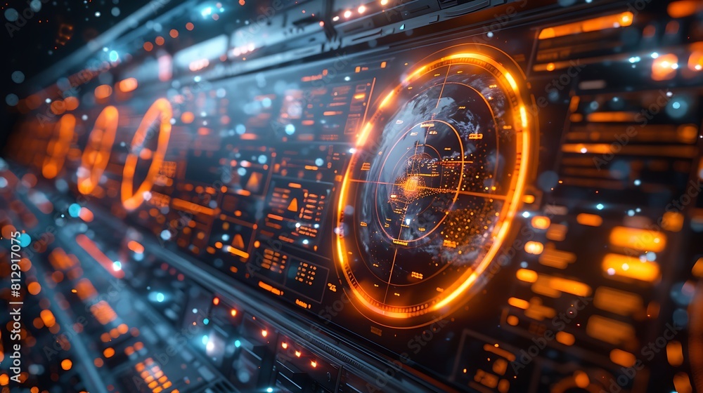 Obraz premium Advanced space exploration monitor displaying high-resolution data on satellite paths and planetary exploration, hyperrealistically depicted with sharp graphics.