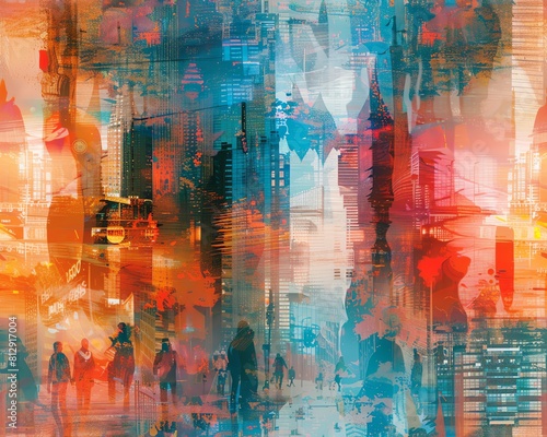 Capture the raw essence of psychological depth in a rear view exploration using vibrant impressionist strokes  depicting bustling city life and the hidden emotions within