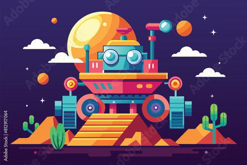 A cartoon robot with a telescope on a hill, observing the surroundings, Curiosity Customizable Semi Flat Illustration