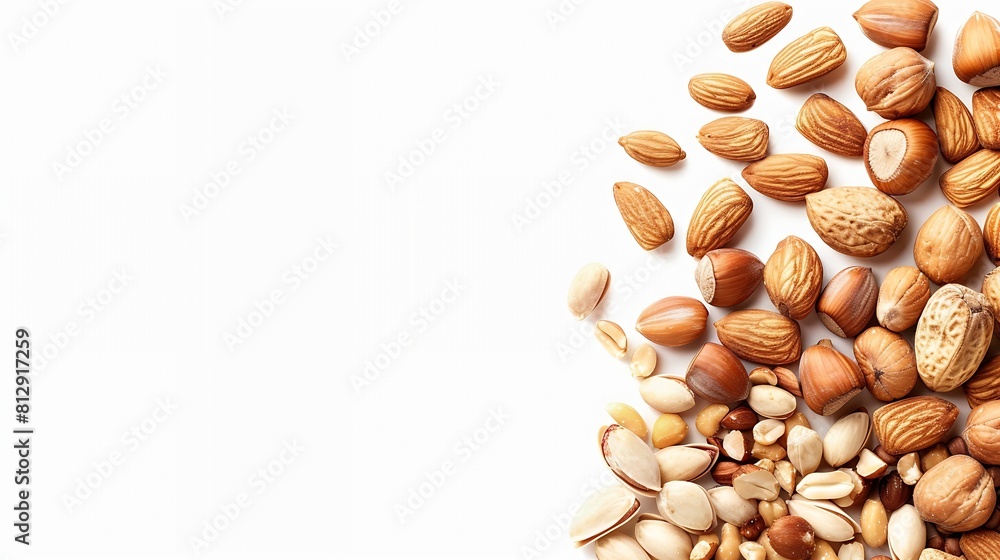 Creative layout made of hazelnut nuts almonds walnut peanut pecan sunflower seeds Flat lay with copy space Fresh food concept Nuts isolated on white background : Generative AI Creative layout made of hazelnut nuts almonds walnut peanut pecan sunflower seeds Flat lay with copy space Fresh food concept Nuts isolated on white background : Generative AI
