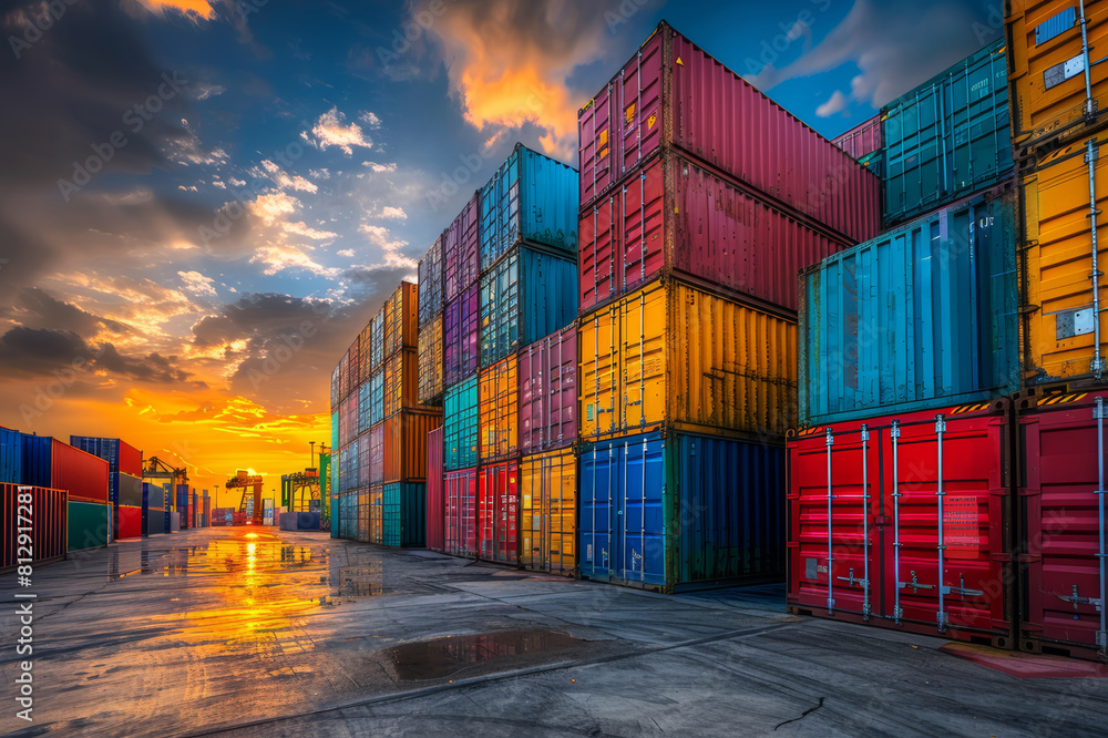 Twilight illuminating stacks of freight containers in varied hues at an active seaport. AI generated.