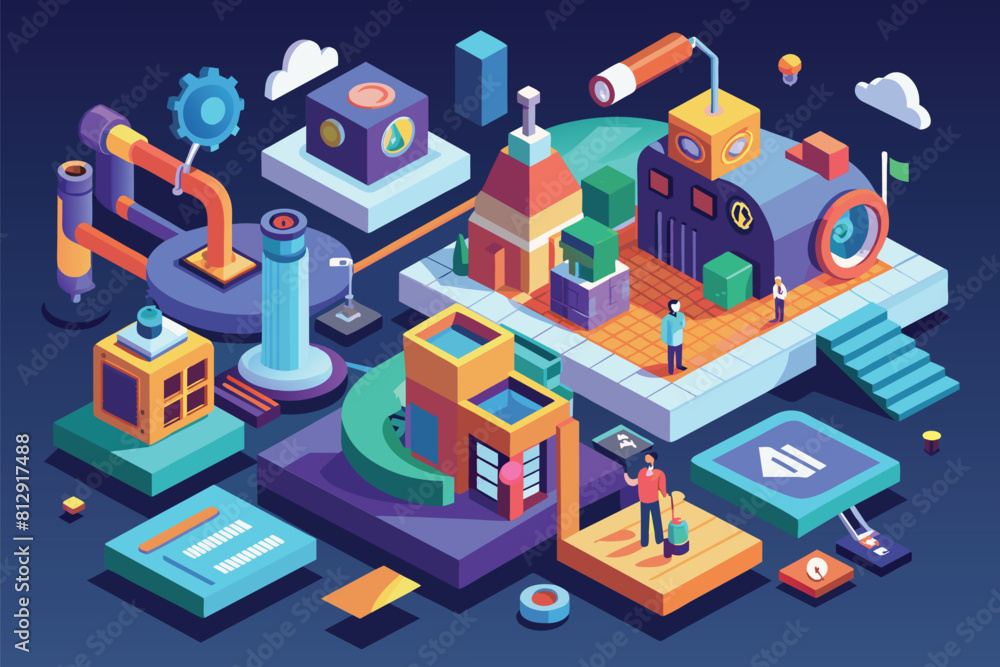 Illustration of a man inspecting a machine in a workshop setting, Curious Customizable Isometric Illustration Illustration of a man inspecting a machine in a workshop setting, Curious Customizable Isometric Illustration