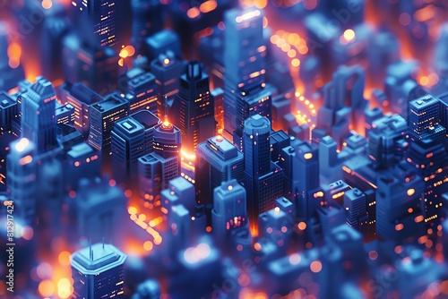 Craft a hyper-realistic 3D rendering of a cityscape where urban meets technological wonders Play with unusual perspectives to create a visually striking image that captures the ess photo