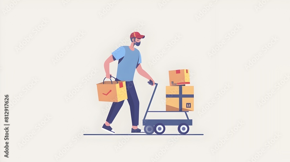 Delivery Worker Pushing Shopping Cart with Parcels in Flat Modern