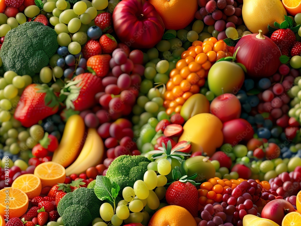 Craft a whimsical 3D animation of a kaleidoscopic array of fresh fruits and vegetables intertwining and morphing into a balanced Craft a whimsical 3D animation of a kaleidoscopic array of fresh fruits and vegetables intertwining and morphing into a balanced