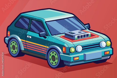 Custom blue car featuring a striking red stripe on the hood, Custom car Customizable Disproportionate Illustration