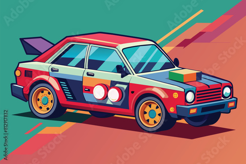 A vibrant car with a surfboard mounted on its hood  Custom car Customizable Disproportionate Illustration