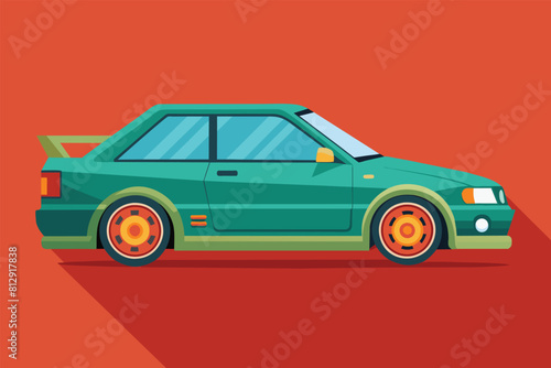 A custom green car with orange rims stands out against a bold red background, Custom car Customizable Flat Illustration