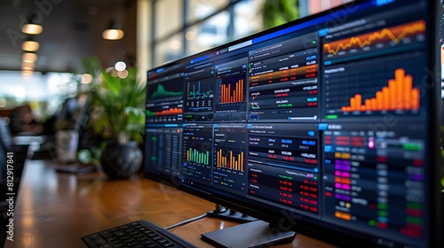 An up-close look at a monitor showing complex financial data, the screen filled with vibrant pie charts, bar graphs, and analytics, captured in hyperrealistic detail.