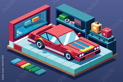 A red car is parked inside a garage, Custom car Customizable Isometric Illustration