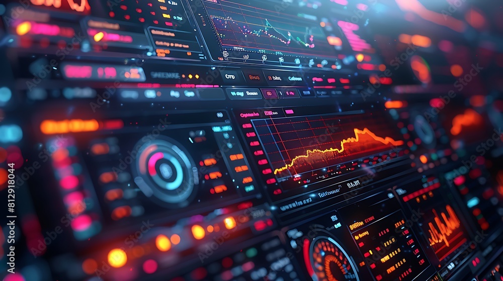Close view of a financial analysis monitor, showing intricate stock market curves and analytics, hyperrealistic details emphasize the digital sharpness and color contrasts on the screen. Close view of a financial analysis monitor, showing intricate stock market curves and analytics, hyperrealistic details emphasize the digital sharpness and color contrasts on the screen.