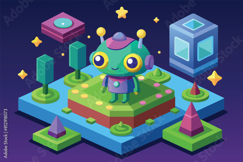 A cute alien cartoon character standing on a piece of paper in a customizable isometric illustration  Cute alien Customizable Isometric Illustration