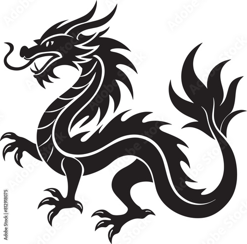 Dragon - Black and White  Illustration. isolated on white background. 
