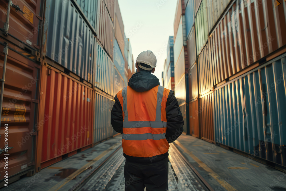 custom made wallpaper toronto digitalSecurity officer inspecting a large shipping container at a bustling port, ensures safety and compliance.. AI generated.