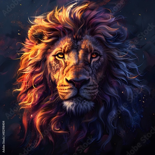 Majestic Digital Lion Head with Vibrant Flowing Mane and Powerful Gaze