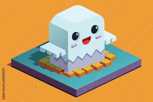 Cute ghost cartoon character standing on a piece of paper in customizable isometric illustration, Cute ghost Customizable Isometric Illustration