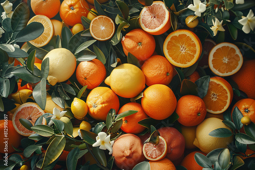 A vibrant citrus grove overflowing with oranges, lemons, and grapefruits, their brightly colored rinds contrasting with the deep green leaves. photo