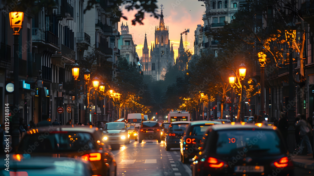 Obraz premium A photo of the streets of Barcelona, with Gothic architecture as the background, during a bustling evening
