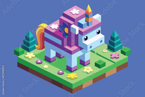 A customizable isometric illustration of a cute unicorn in low polygonal style, Cute unicorn Customizable Isometric Illustration