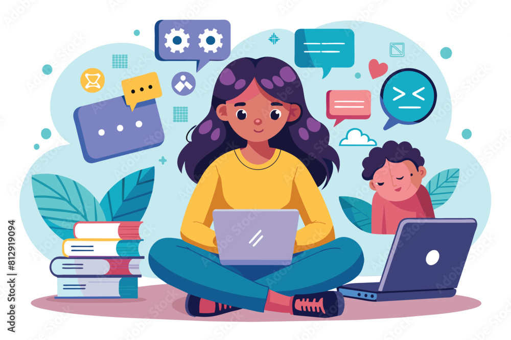 A woman is seated on the floor, working on a laptop computer, Cyber bullying Customizable Semi Flat Illustration A woman is seated on the floor, working on a laptop computer, Cyber bullying Customizable Semi Flat Illustration