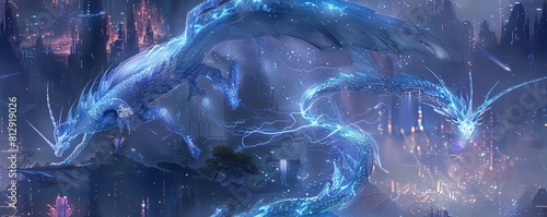 Illuminate a majestic dragon amidst holographic interfaces in CG 3D photo
