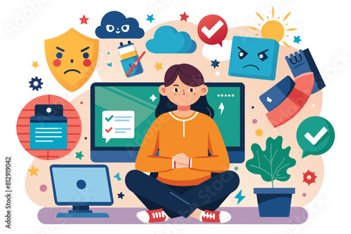 Woman focused on computer screen while surrounded by various icons representing different applications and tasks, Cyber bullying Customizable Flat Illustration