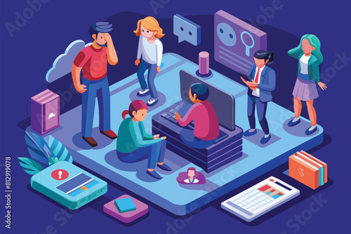 Several individuals gathered around a computer engaged in a group activity or discussion, Cyber bullying Customizable Isometric Illustration