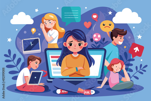 A group of individuals gathered together in front of a laptop, engaging in online activities, Cyber bullying Customizable Semi Flat Illustration