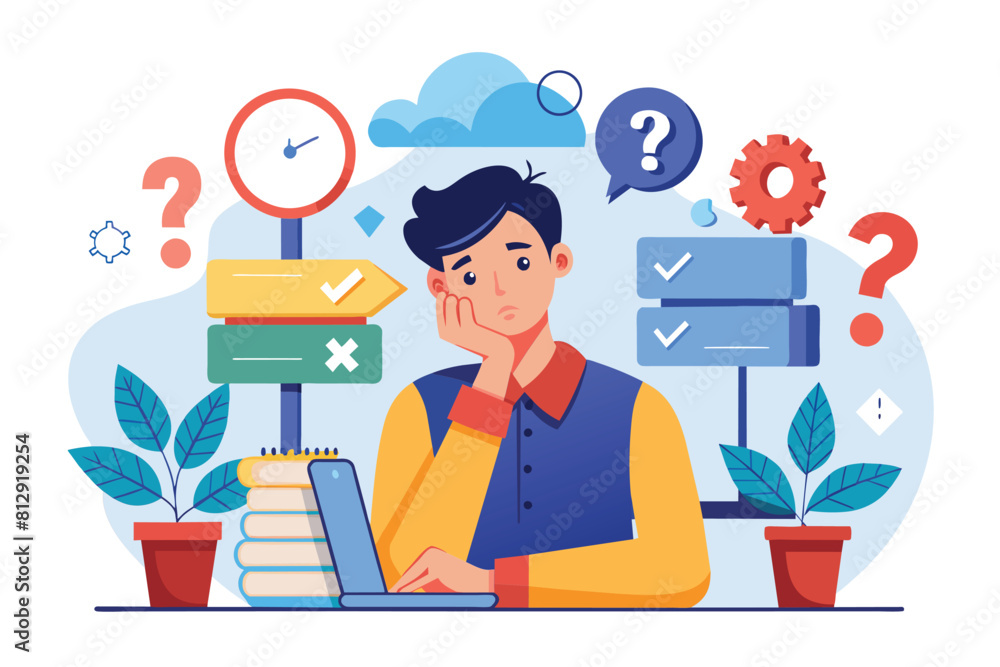 A man seated at a desk, focusing on his laptop screen, displaying signs of decision fatigue, Decision fatigue Customizable Flat Illustration A man seated at a desk, focusing on his laptop screen, displaying signs of decision fatigue, Decision fatigue Customizable Flat Illustration