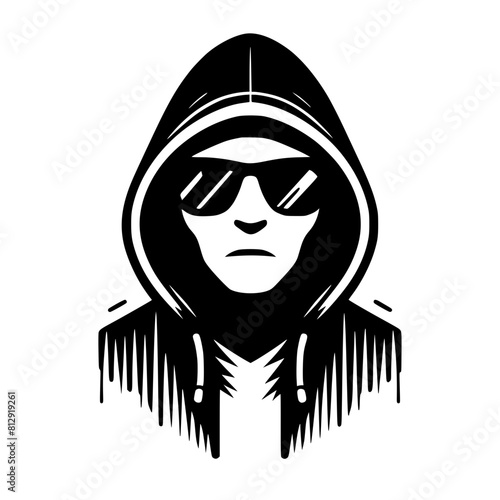 Mysterious Hooded Hacker in Black and White – Vector Illustration on Cybersecurity, Anonymity, and Digital Safety