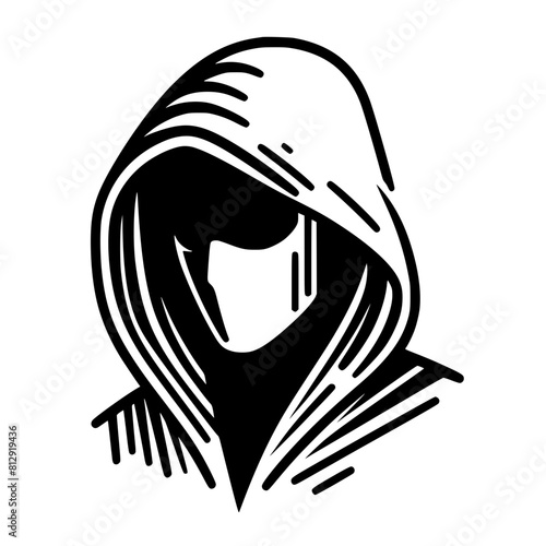 Mysterious Hooded Hacker in Black and White – Vector Illustration on Cybersecurity, Anonymity, and Digital Safety