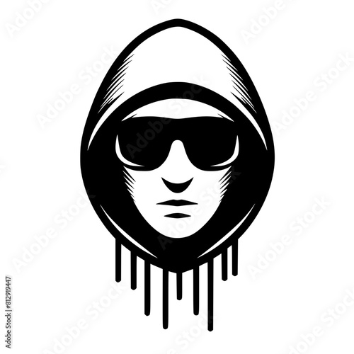 Mysterious Hooded Hacker in Black and White – Vector Illustration on Cybersecurity, Anonymity, and Digital Safety