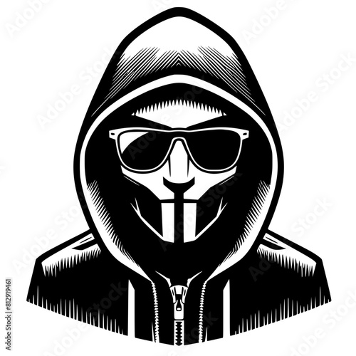 Mysterious Hooded Hacker in Black and White – Vector Illustration on Cybersecurity, Anonymity, and Digital Safety
