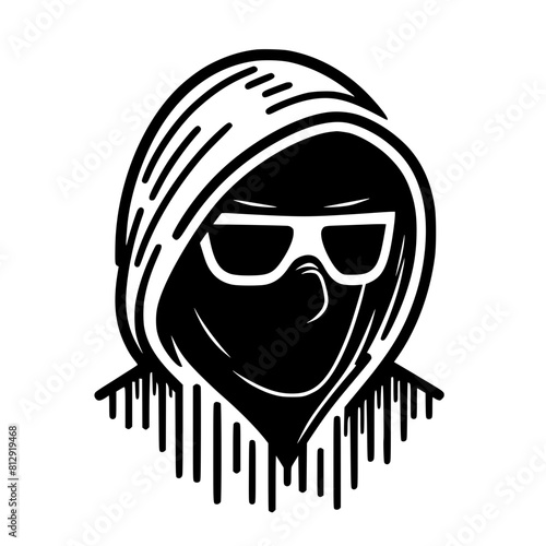 Mysterious Hooded Hacker in Black and White – Vector Illustration on Cybersecurity, Anonymity, and Digital Safety