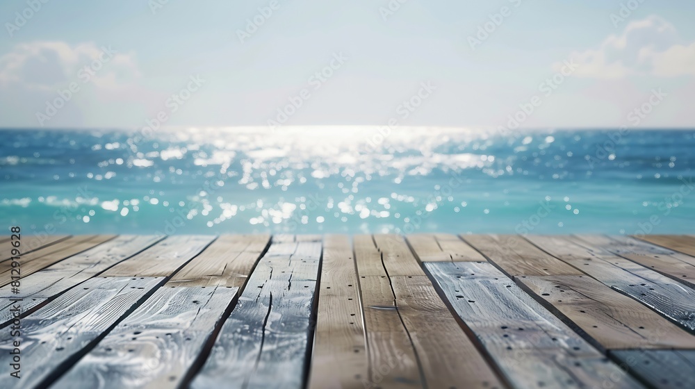 Wooden floors and ocean backdrop Suitable for a beach use The beauty of nature : Generative AI