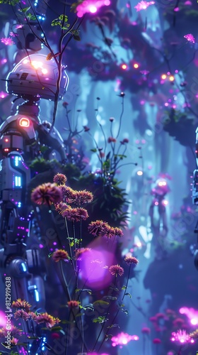 Illustrate advanced robots working in a post-apocalyptic wasteland surrounded by neon bioluminescent plants from an extreme close-up ground-level angle