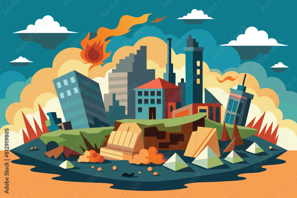 Obraz premium Cartoon illustration of a bustling city with numerous tall buildings, Destroyed city Customizable Flat Illustration
