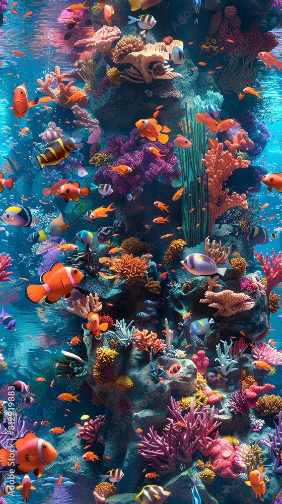 Imagine a fantastical underwater world with a wide-angle perspective