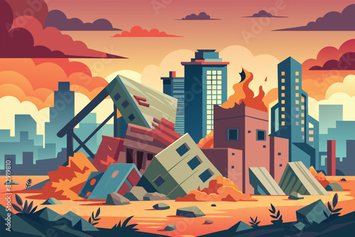 Large pile of debris stands in front of city buildings, indicating destruction and havoc, Destroyed city Customizable Flat Illustration