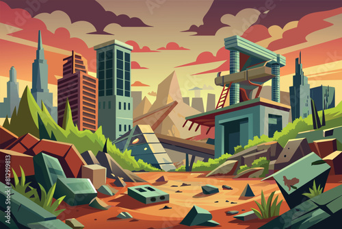 A painting depicting a city standing in the middle of a vast desert landscape, showcasing a haunting and desolate scene, Destroyed city Customizable Disproportionate Illustration