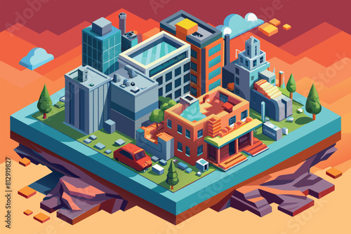 Isometric illustration of a city with numerous towering buildings, showcasing a densely populated urban area, Destroyed city Customizable Isometric Illustration