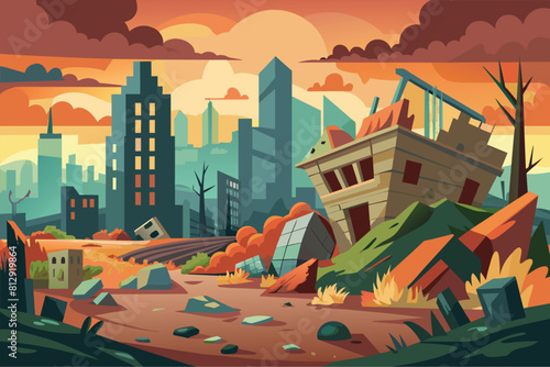 City painting with a ship in the center, showcasing a destroyed urban setting and a vessel, Destroyed city Customizable Semi Flat Illustration