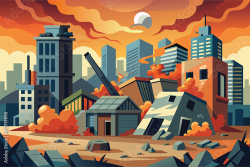 A painting of a destroyed city with a prominent pile of rubble in the foreground, Destroyed city Customizable Semi Flat Illustration