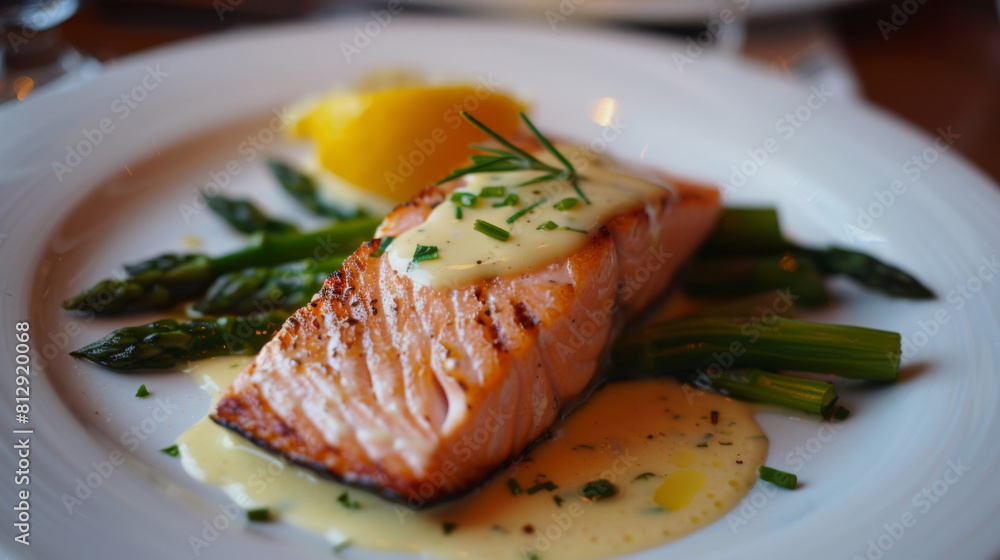 Perfectly grilled salmon fillet served with fresh asparagus and rich hollandaise sauce, garnished with chives for a flavorful meal Perfectly grilled salmon fillet served with fresh asparagus and rich hollandaise sauce, garnished with chives for a flavorful meal