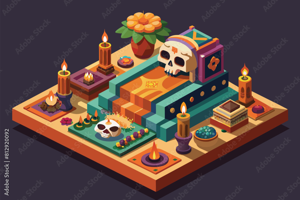 Isometric illustration featuring candles and a skull in a flat design style, Dia de muertos altar Customizable Isometric Illustration Isometric illustration featuring candles and a skull in a flat design style, Dia de muertos altar Customizable Isometric Illustration