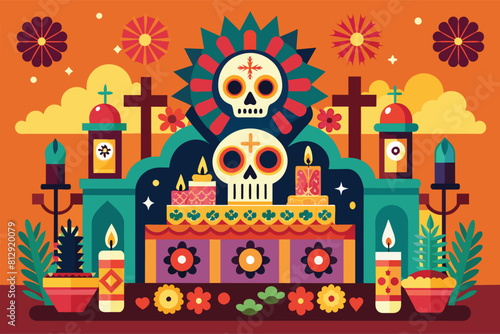 A vibrant Day of the Dead scene featuring a skull cake as the centerpiece, Dia de muertos altar Customizable Flat Illustration