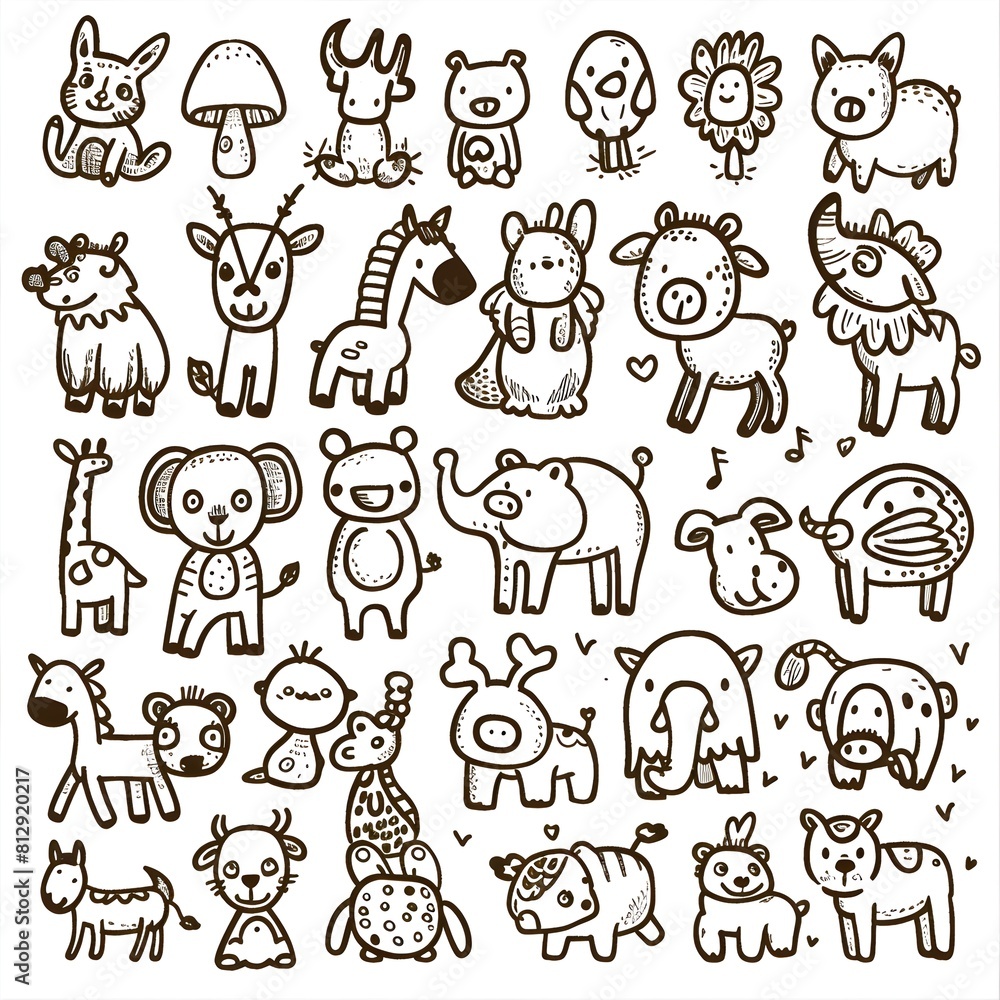 Whimsical Doodle Animal Icon Set on White Background Whimsical Doodle Animal Icon Set on White Background